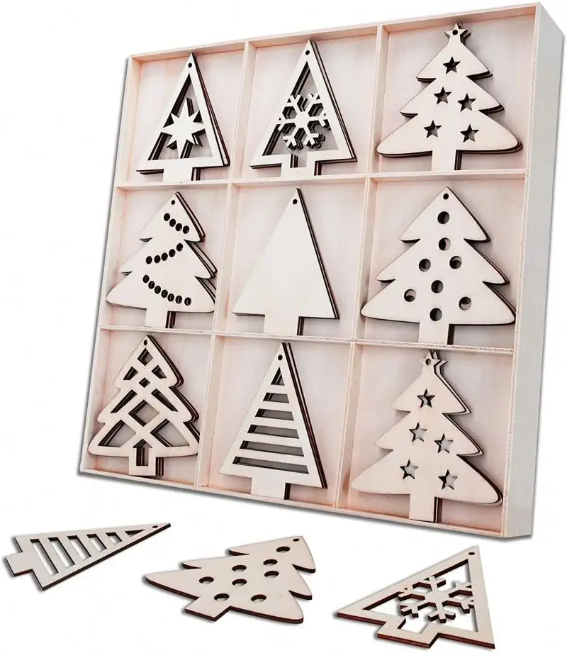 27pcs Unfinished Hanging Ornaments Wooden Christmas Trees Blank Wooden Cutouts