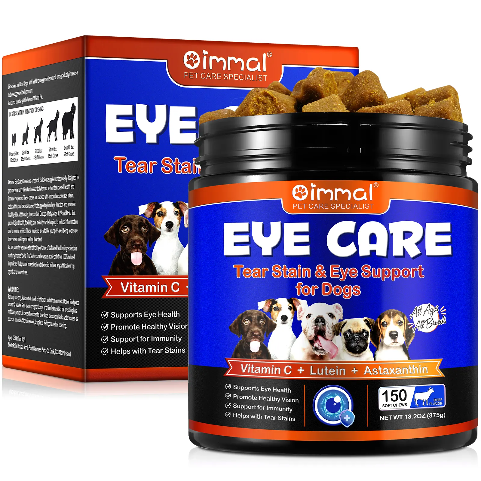Oimmal Pet Eye Care antiossidante luteina vitamine integratore 150 mastica sapore di manzo lacrima macchia e supporto per gli occhi mastica per cani