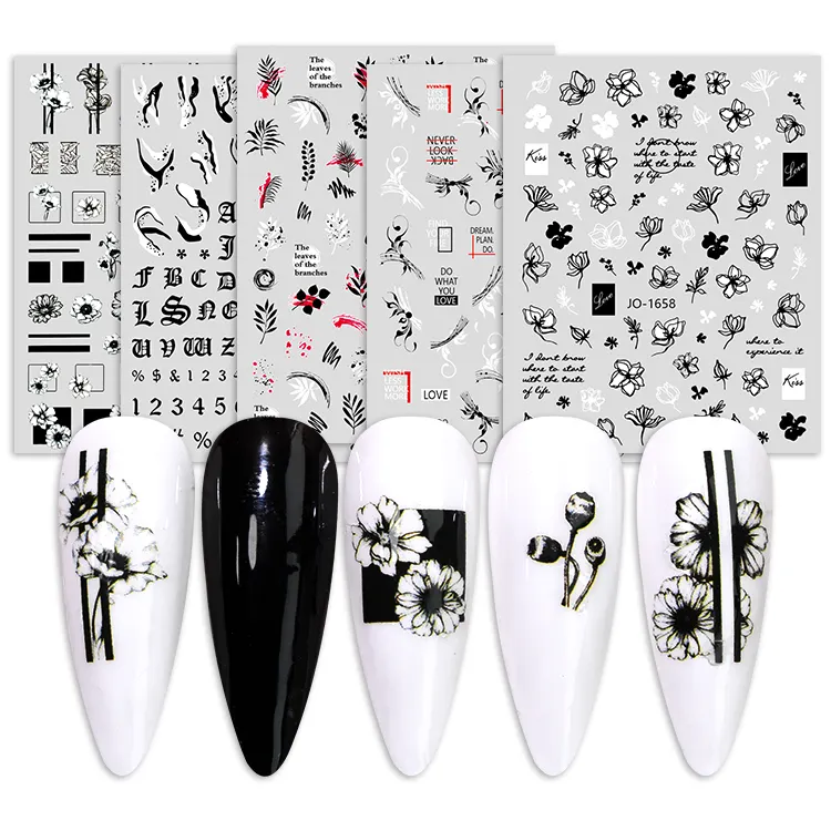 2023 yeni basit siyah harfler karışık gül çiçekler 3D Salon yapıştırıcı beyaz yaprak tırnak sanat malzemeleri Sticker