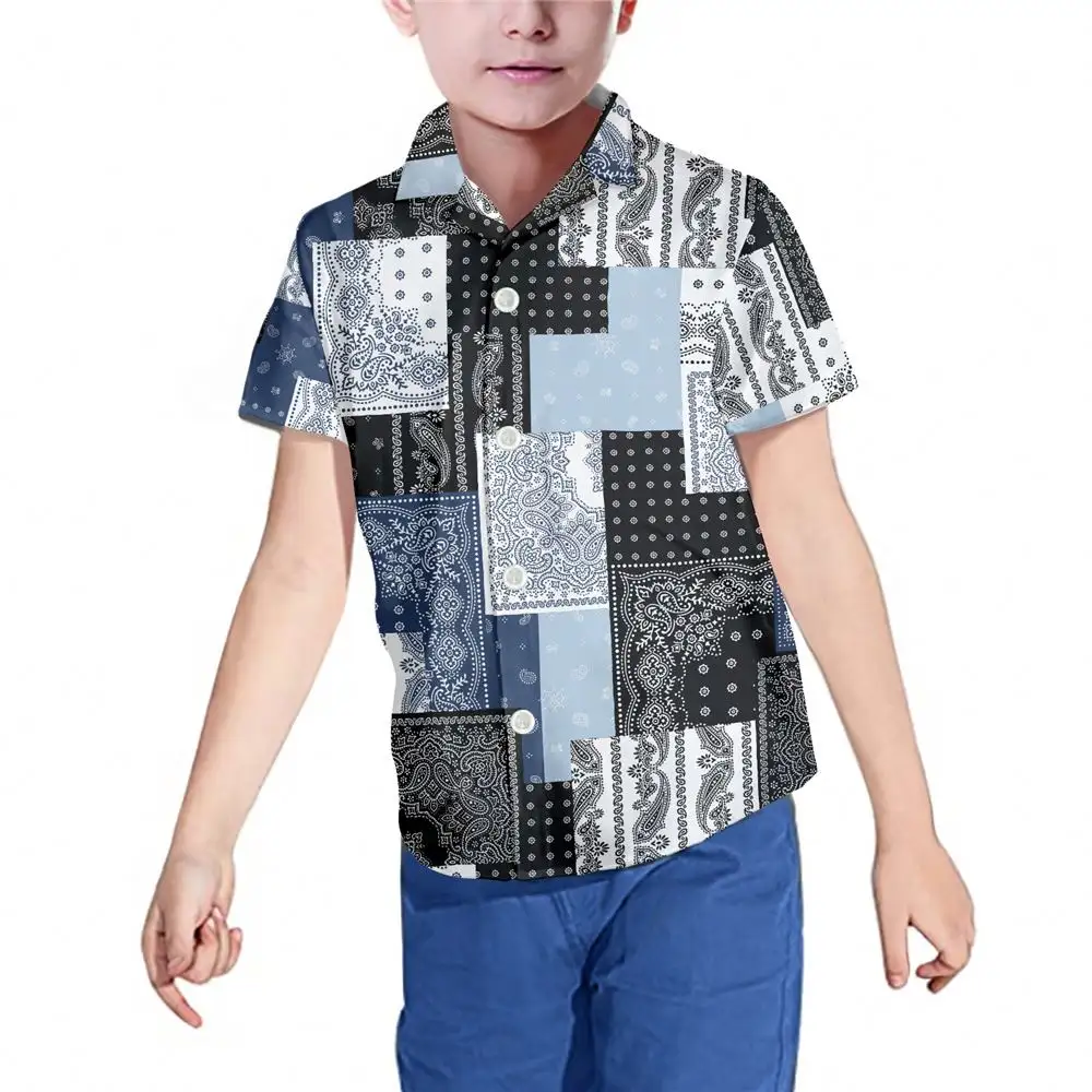 Camiseta de manga curta estampada, verão personalizado, fotos bandana, design de patchwork, para meninos, manga curta, estilo casual
