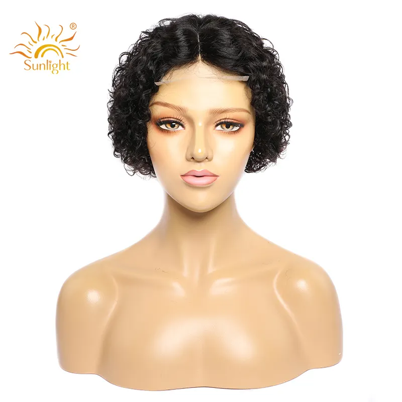 Sunshine 4x1Lace Closure Wig Rambut Manusia Virgin Potongan Pixie Perruque Belle Pendek Weave Tanpa Lem Peruvian Depan Pixie Keriting Wig Manusia