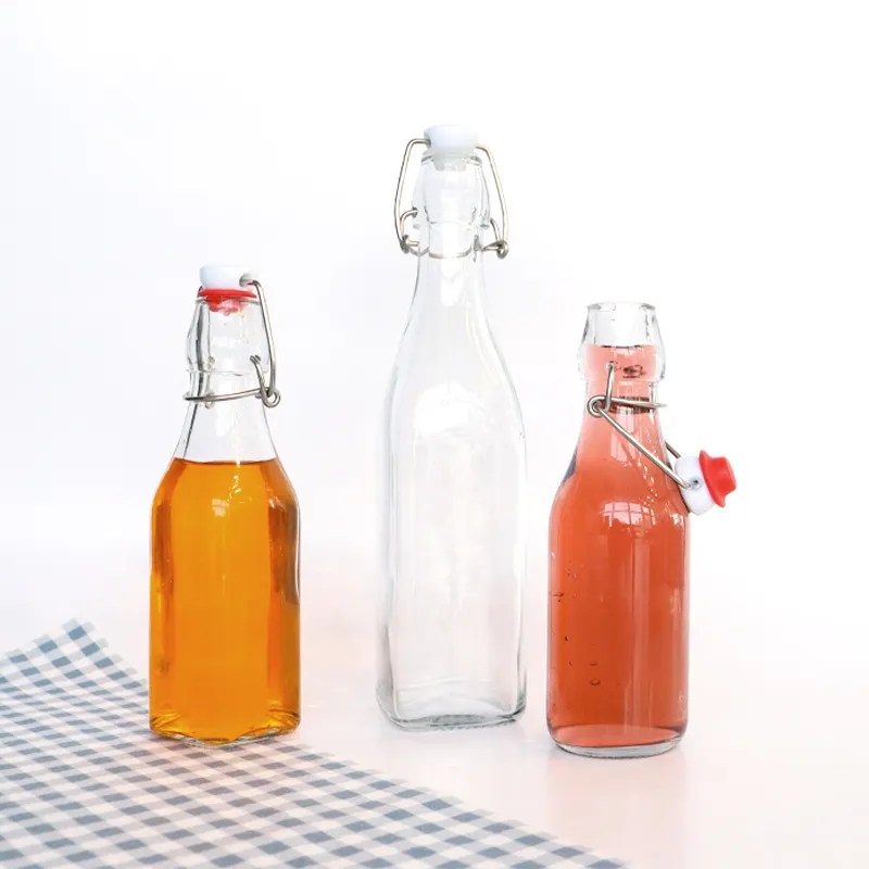 Garrafa de vidro transparente com tampa hermética, garrafa de vidro redonda para bebidas, suco e bebidas de alta qualidade, 250ml, 500ml, 750ml, 1L