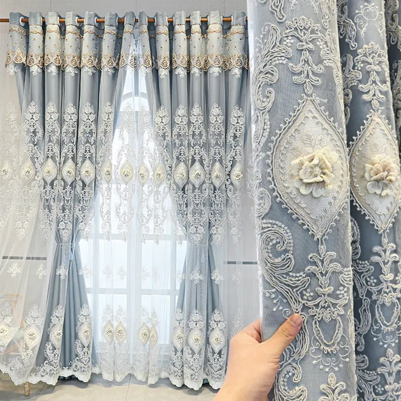 2024 hot sell new style double layer lace embroidery blackout fabric window curtains panel for living room bedroom