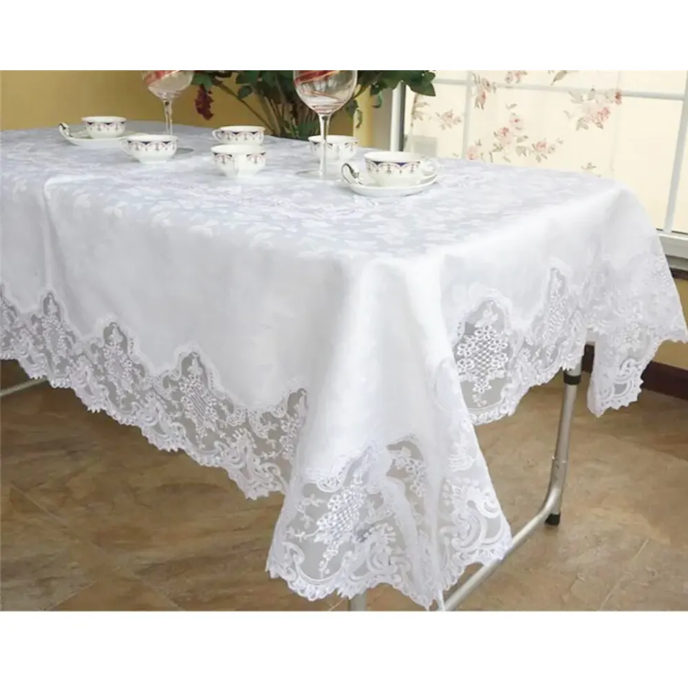 Popüler tasarım toptan düğün otel için polyester dantel sınır masa örtüsü masa örtüsü