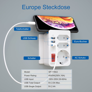 Enchufe USB con interruptor, adaptador de enchufe múltiple con 3 puertos USB, tira de alimentación, protección contra sobretensiones