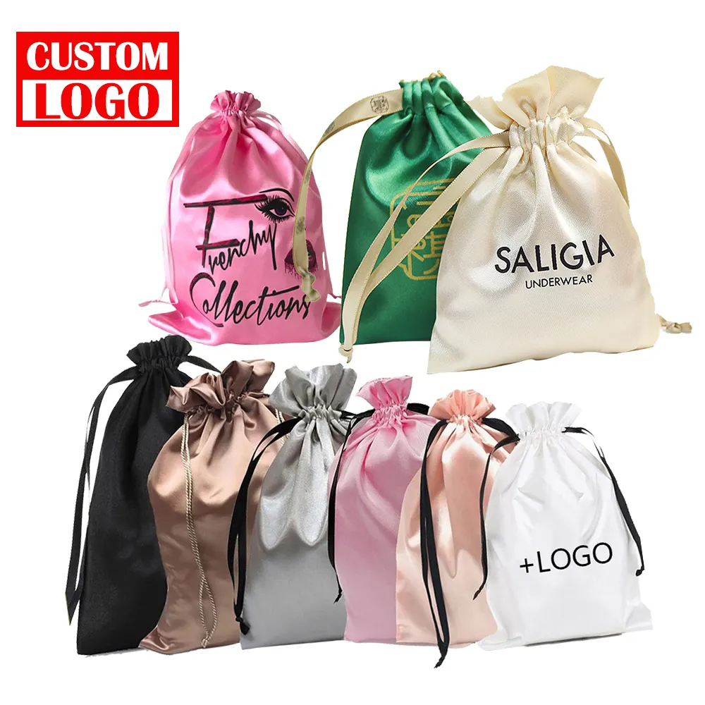 Bolsa de polvo de satén con logotipo personalizado, embalaje de regalo, peluca de pelo, bolsa de seda grande, cordón de satén, bolsas de satén personalizadas con logotipo