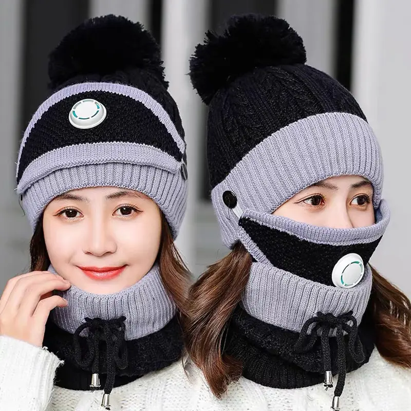 2022 New Fashion Women 3 In 1 cappello invernale, caldo berretto foderato In pile con sciarpa e Set di maschere per attività all'aperto