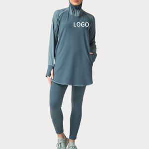 Özel Logo eşofman mütevazı Activewear spor bayan spor uzun kollu gevşek islam spor giyim egzersiz üst maç Legging
