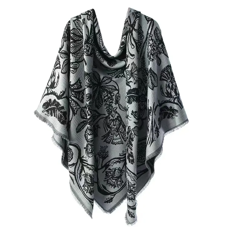 Nuovi disegni oversize Ladies Winter Wear scialle di lana coperta calda floreale etnico 140*140 sciarpa quadrata in lana di seta Jacquard per le donne