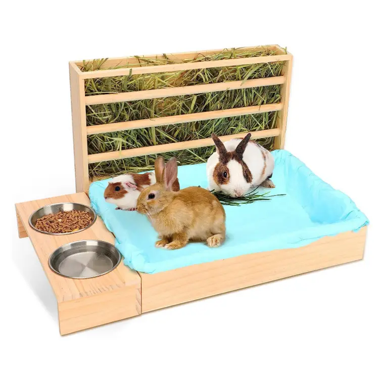 3 in 1 Wooden rabbit hay feeder with cat litter box and pet bowls Safe Manger storage holders racks
