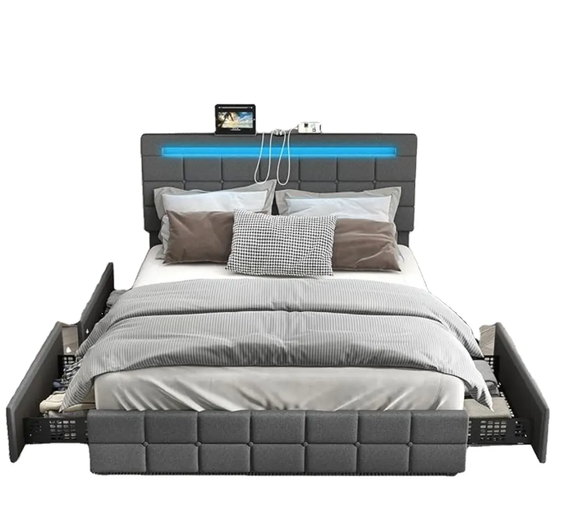 Estructura de cama completa con estación de carga y luces LED, estructura de cama de plataforma tapizada con cabecero ajustable y 4 cajones de almacenamiento