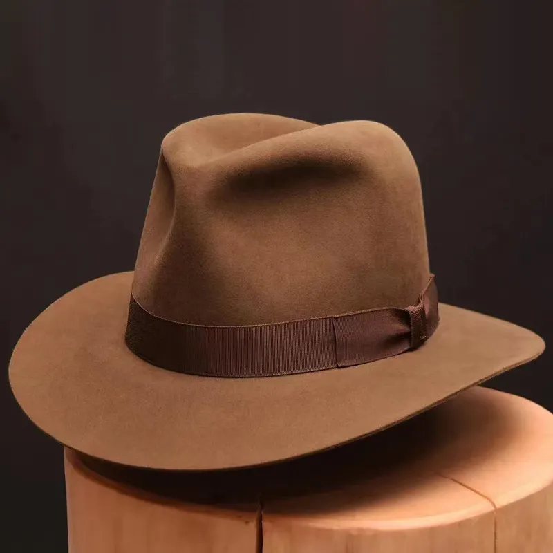 Vente en gros de feutre à large bord 100% laine d'Australie Chapeaux Fedora coûteux avec bandes à nœud