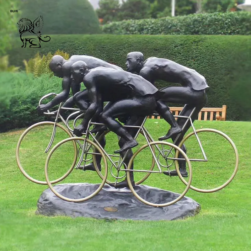 Tamaño real Arte Abstracto bicicleta deportes bronce jardín escultura figura niño bicicleta estatua de bronce