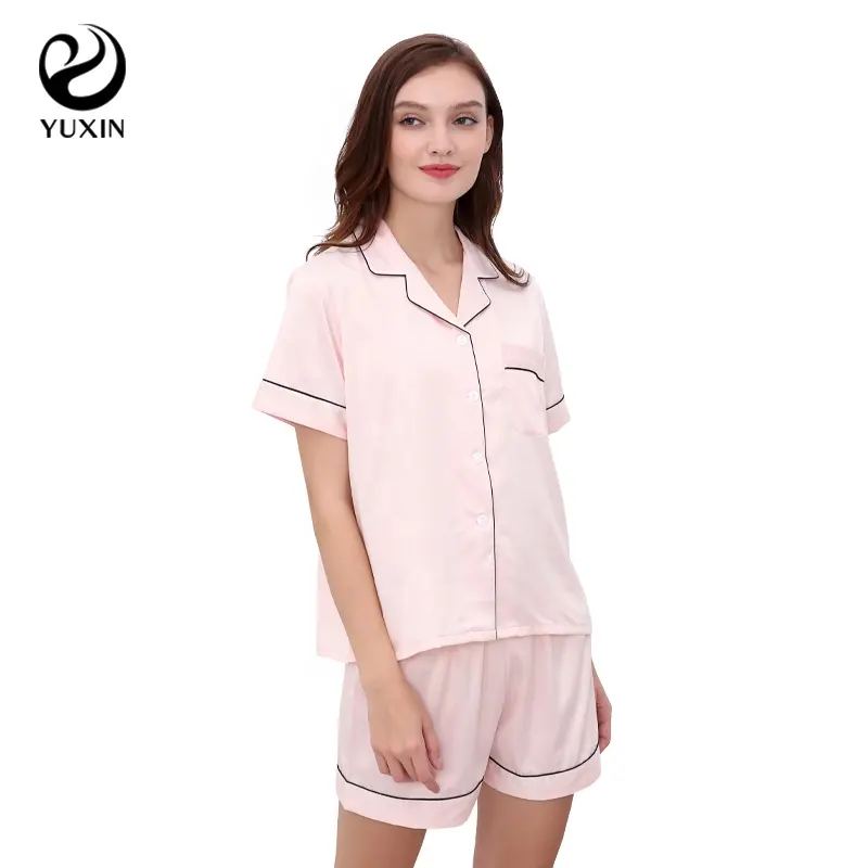 Pyjamas en Satin pour femmes, vêtements de nuit, élégants, en soie, assortis avec les revers des enfants, 100 couleurs, 6015