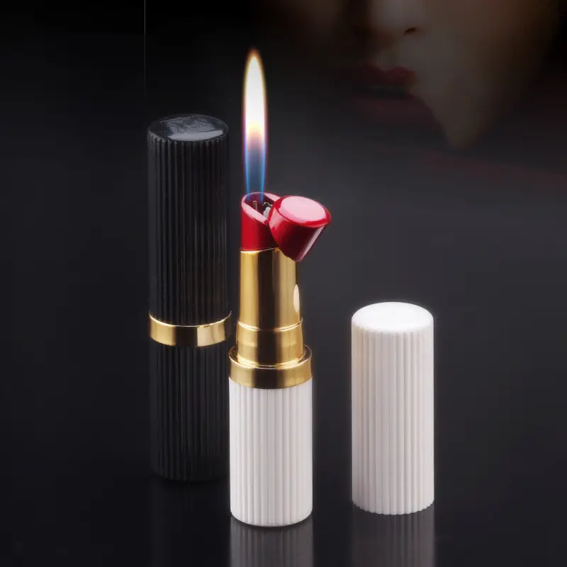 핫 세일 크리 에이 티브 선물 개인 여성 립스틱 조절 0pen 불꽃 라이터 휴대용 부탄 가스 라이터 흡연
