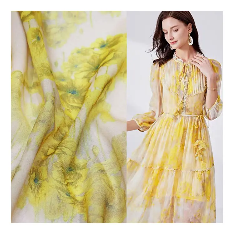 Tissu en georgette de soie imitation soie ultra léger et fin tissu de robe en mousseline de soie imitation fleur cassée jaune