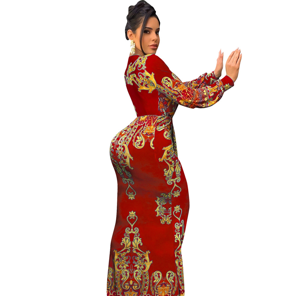 CM.YAYA Women Paisley Elegant Ruched Deep V-neck Long Sleeve Mermaid Bodycon Midi Maxi Dress Sexy Party Night Prom Long Dresses