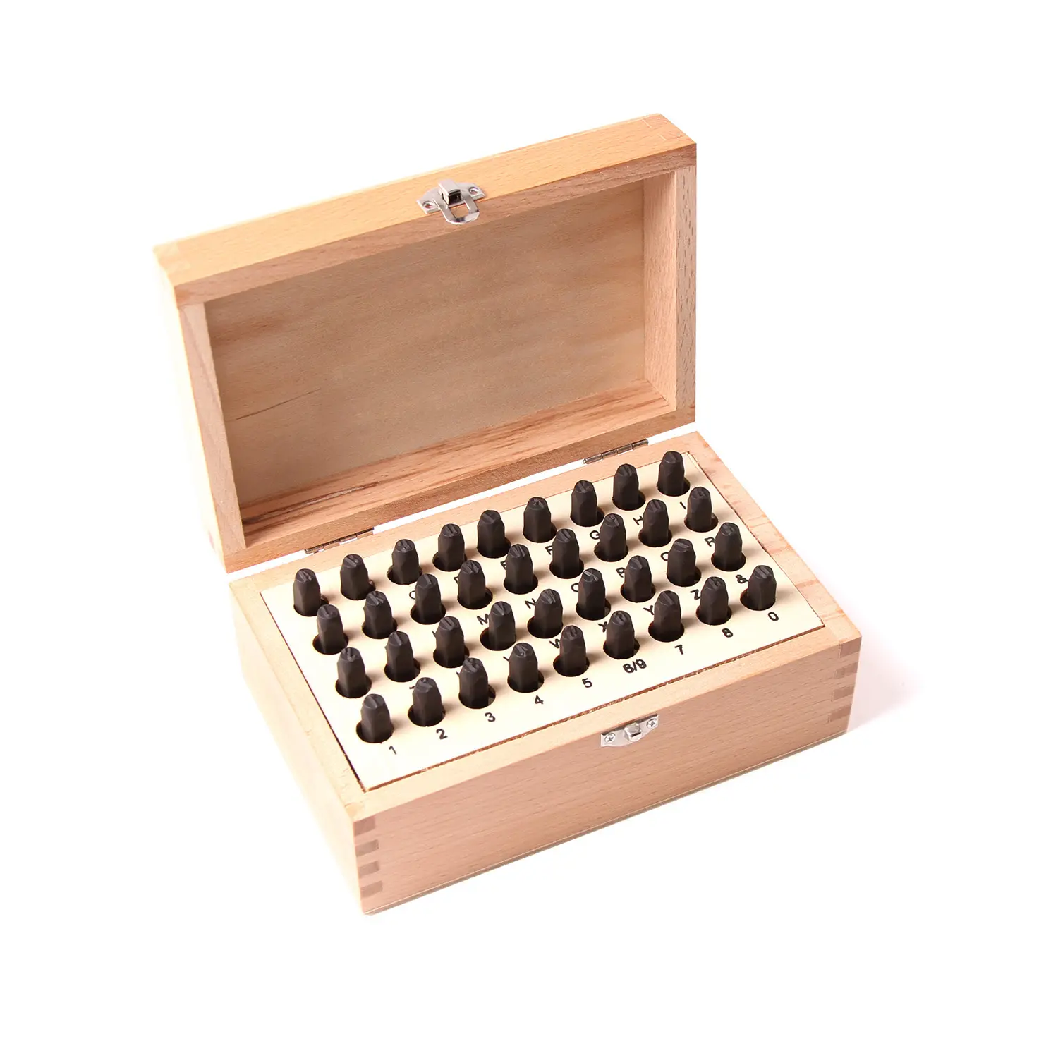 Ferramentas diy de alto carbono, 36 peças, alfabeto e kit de carimbo de número e carta, conjunto de perfuração com caixa de madeira agradável