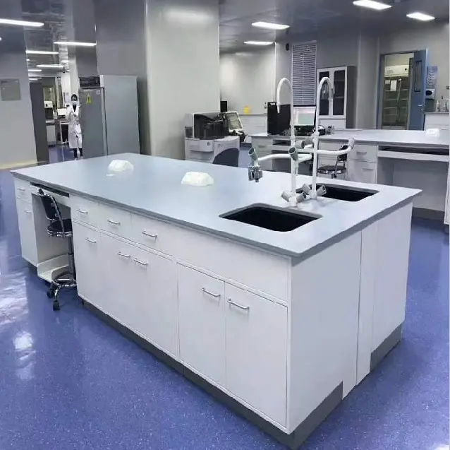 Mesa de prueba química, gabinete central de acero + madera, mesa de consola de operaciones de laboratorio, muebles, escritorio de química de hospital escolar