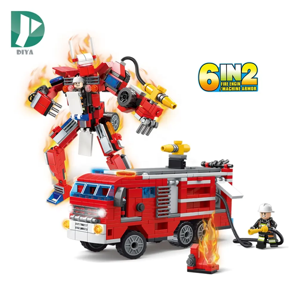 Regalo per bambini 481 pezzi 6 in 2 camion di salvataggio antincendio mecha building blocks giocattoli educativi