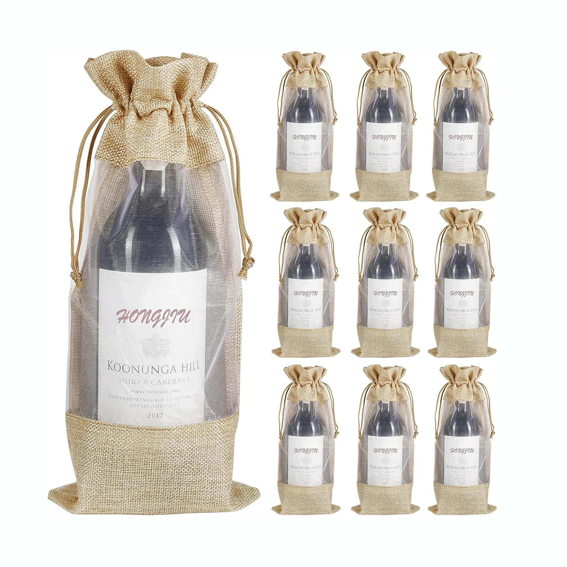 Bolsas de arpillera para botella de vino, bolsas de regalo de yute con cordón de Organza, con ventana transparente, 750ml