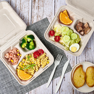 FULING 8 inç 9 inç 3 bölme kapaklı Bagasse gıda kapları tek kullanımlık şeker kamışı gitmek için konteyner biyobozunur - Product Image 6