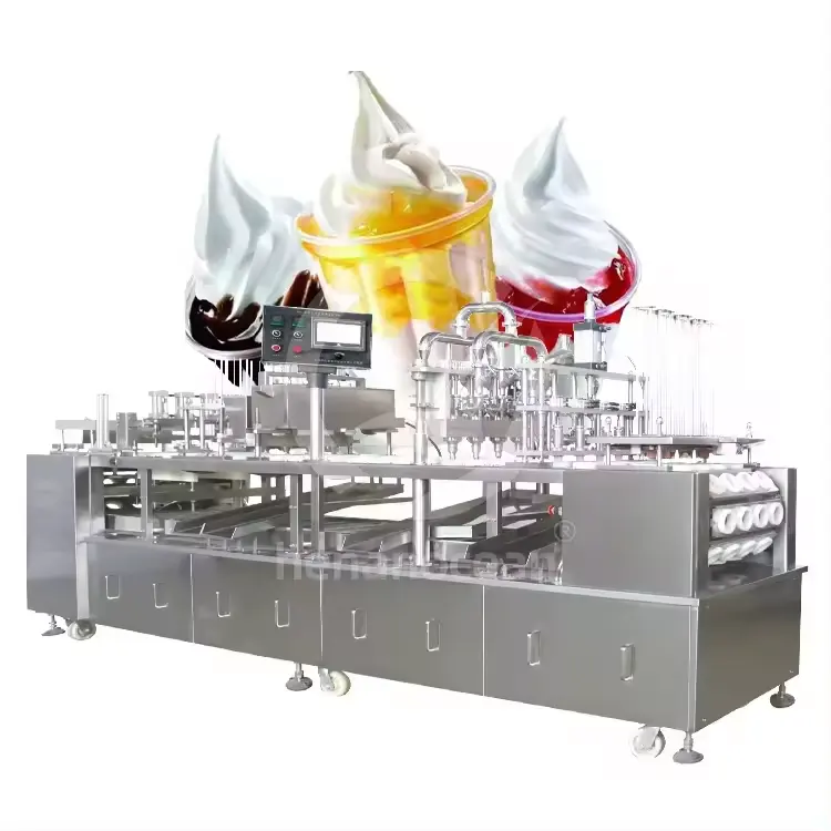 완전 자동 설탕에 절인 사과 잼 크림 4 레인 아이스크림 콘 욕조 채우기 씰 기계 라인 선형