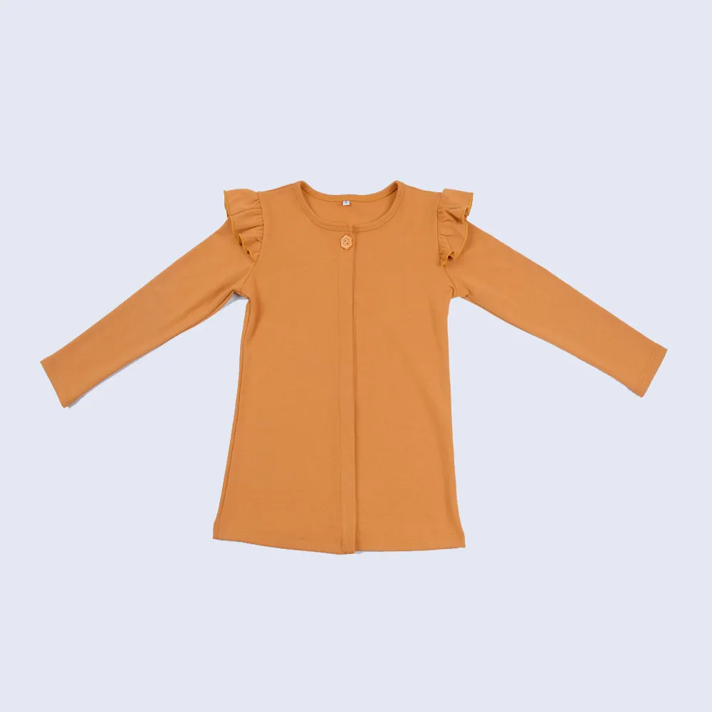 Khaki Navy Ginger yellow solid color children clothes wholesale kids fall clothing long ruffle sleeve 100% Cotton girls t shirts