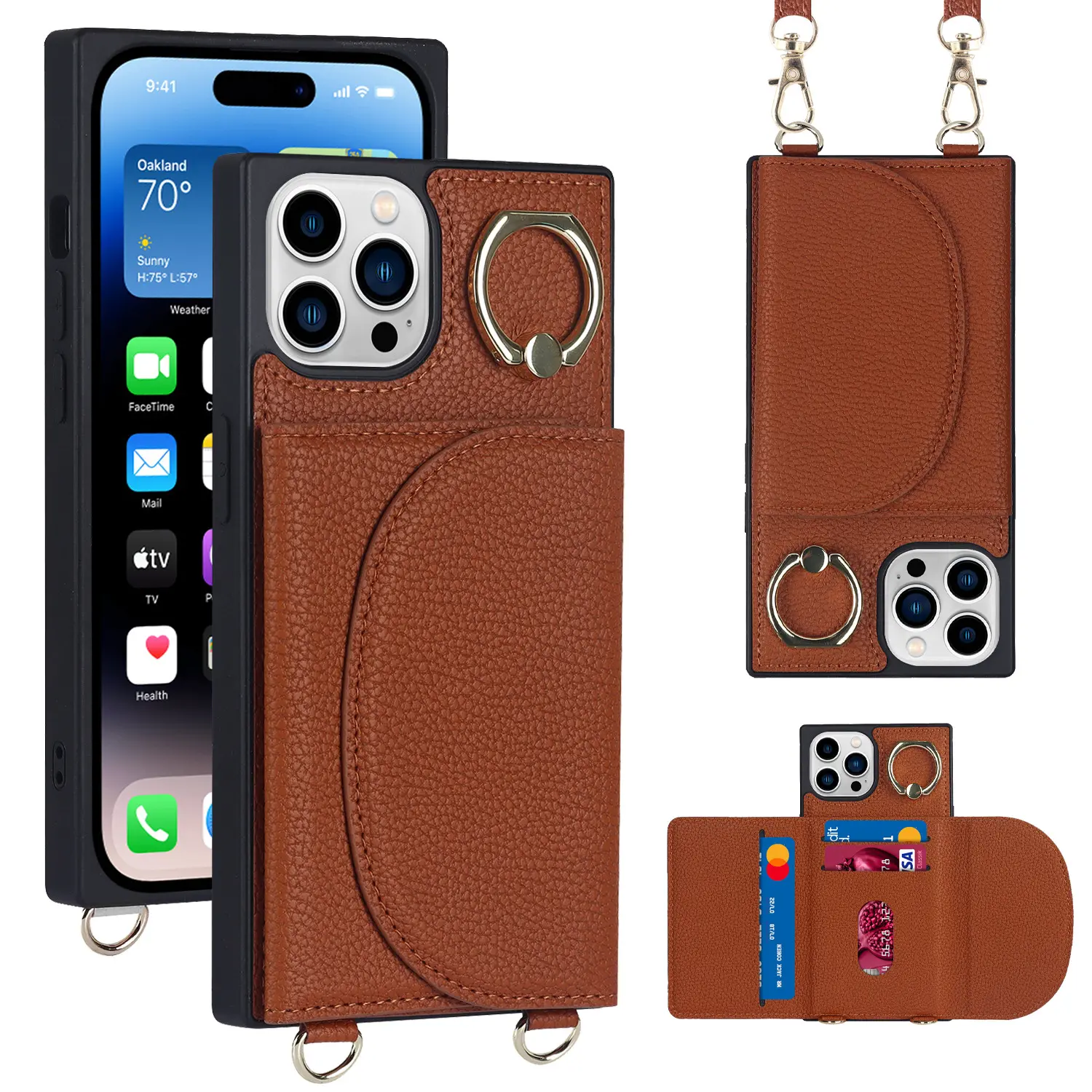 Vuông Leather trường hợp bìa cho iPhone, cho iPhone 13/14/15 Pro Nhẫn đứng trường hợp, Wallet Cover quay lại Đối với iPhone 15