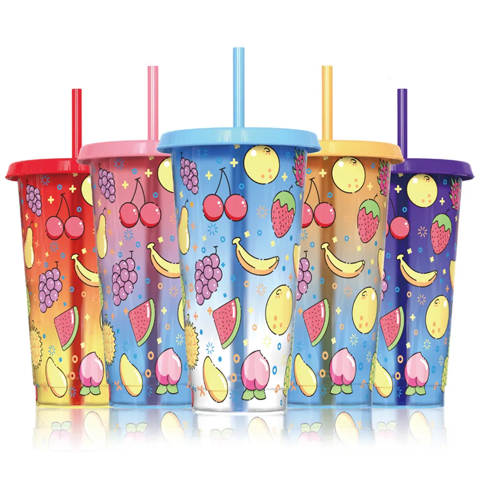 Vaso reutilizable para bebidas, cambio de color, vaso frío de plástico de 24oz con tapas y pajita