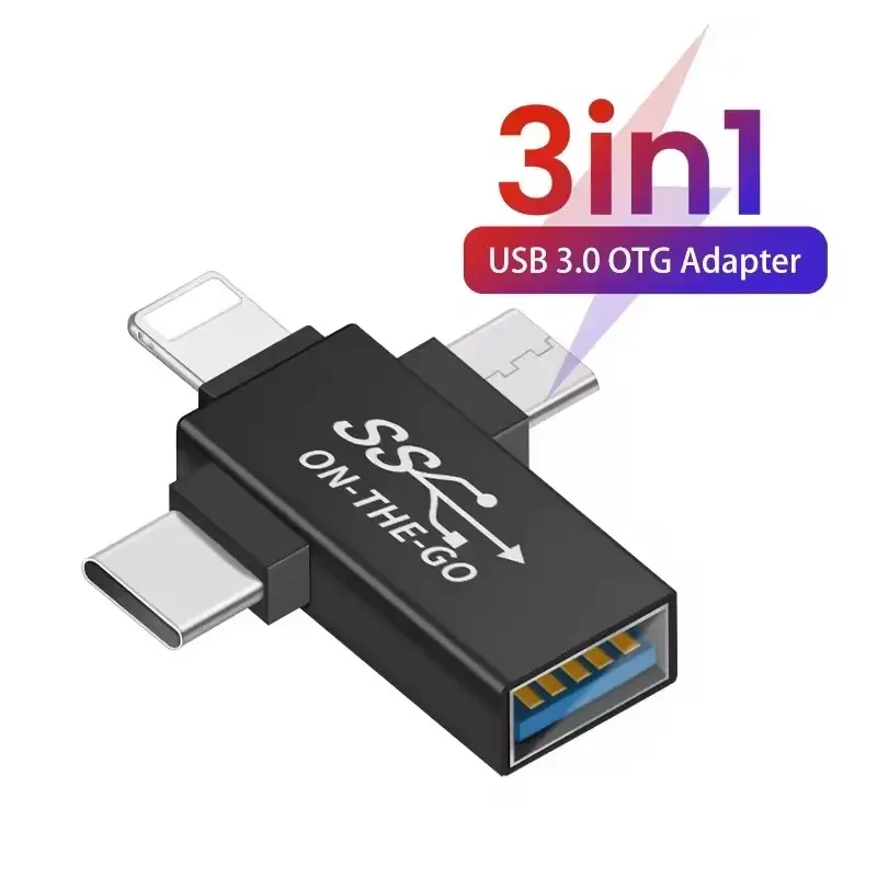 3 in 1 USB OTG Adapter Type C/iOS/Micro USB to 3.0 Female Multi-Ports Converter