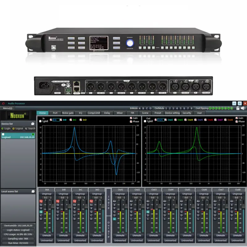 पेशेवर ऑडियो प्रणाली 4x8 इनपुट/आउटपुट स्पीकर प्रबंधन डिजिटल ऑडियो प्रोसेसर