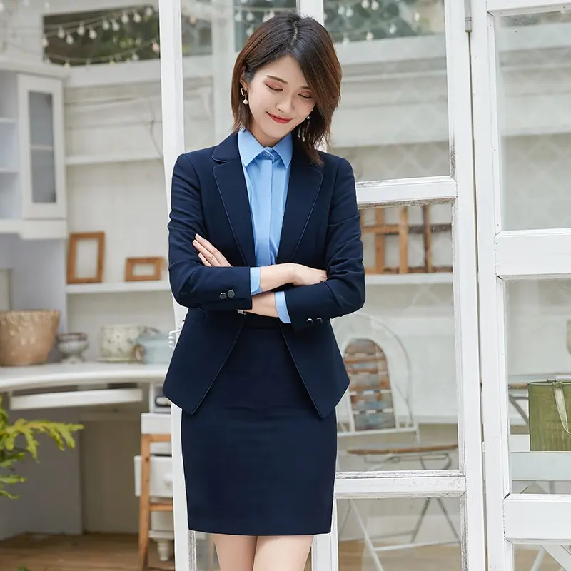 Vestido uniforme de escritório para mulheres azul marinho elegante