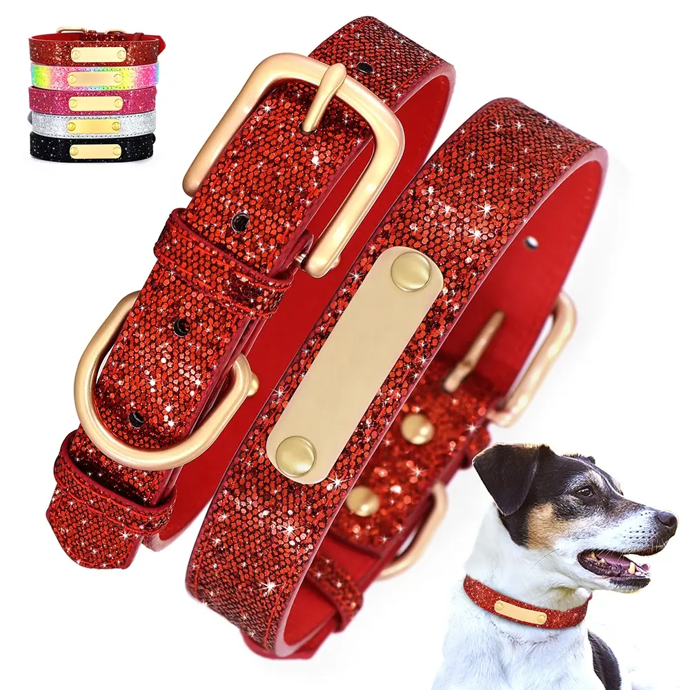 Beirui Atacado Moda De Luxo Brilhando Colorido Personalizar Nome Placa De Couro Durável Brilhante Durável Pet Dog Collar