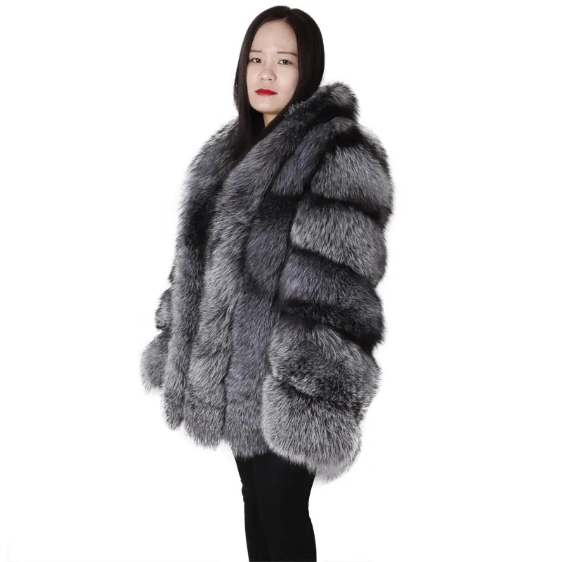Estilo ruso mujeres invierno cálido vertical de diseño de plata gruesa abrigo de piel de zorro real chaqueta de piel con Gran collar trim