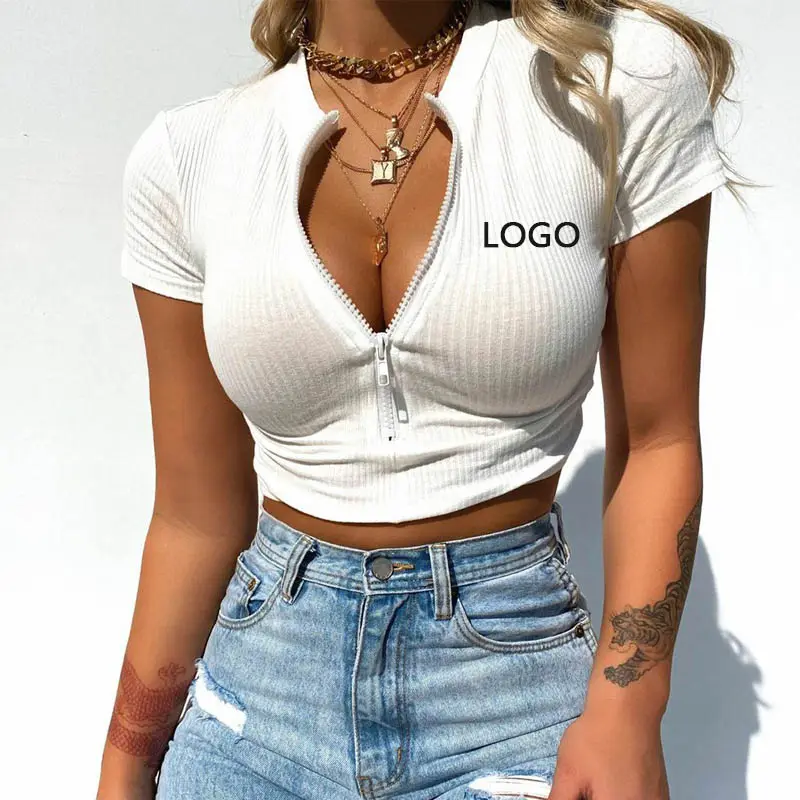 卸売女性半袖ストライプタイトTシャツジッパー付きカスタムロゴクロップトップセクシーな伸縮性クロップトップTシャツ女性