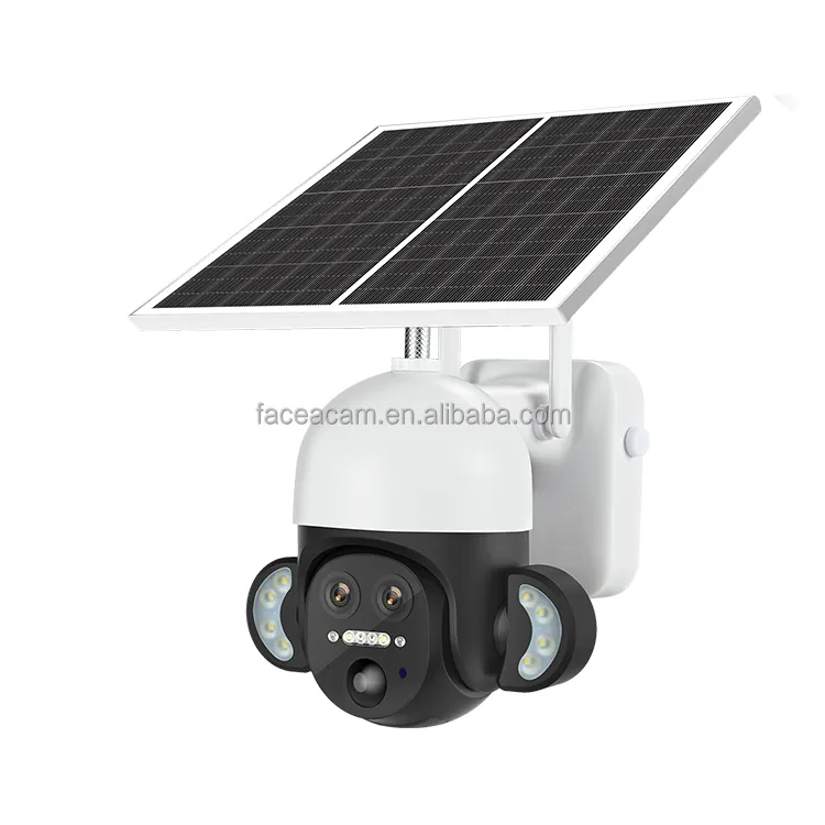 Facea nueva llegada tarjeta Sim vigilancia al aire libre cámara de seguridad alarma enlace doble lente CCTV 4G solar PTZ Cámara