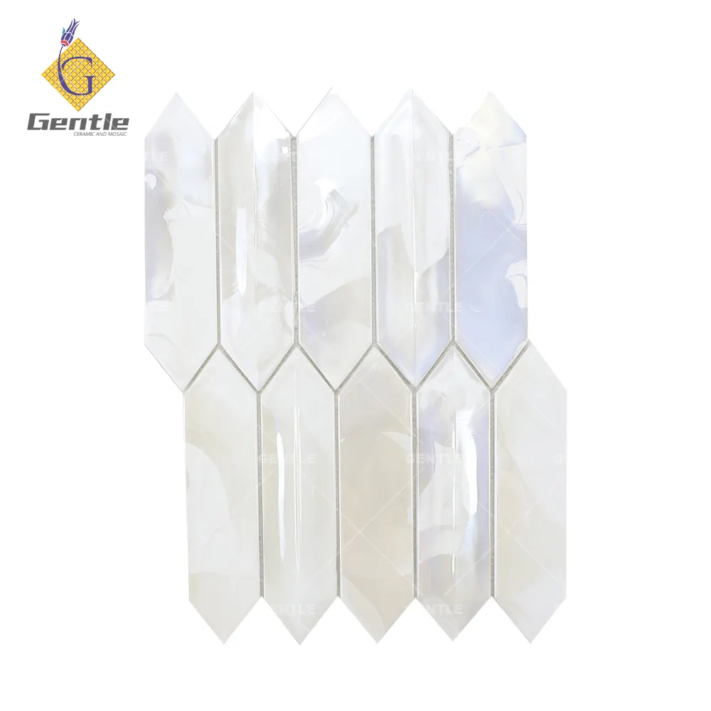 Surface du moule en forme d'hexagone long perle couleur blanche grand carreau de mosaïque en verre pour dosseret d'hôtel déco