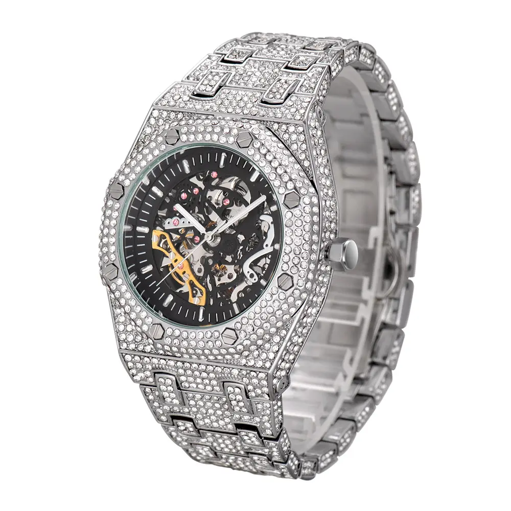 Populaire luxe plein diamant creux automatique mécanique étanche lumineux en acier inoxydable montre pour hommes