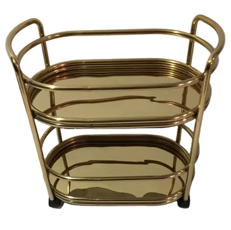 Mutfak cam üst servis arabası tekerlekler ile altın metal çay arabası