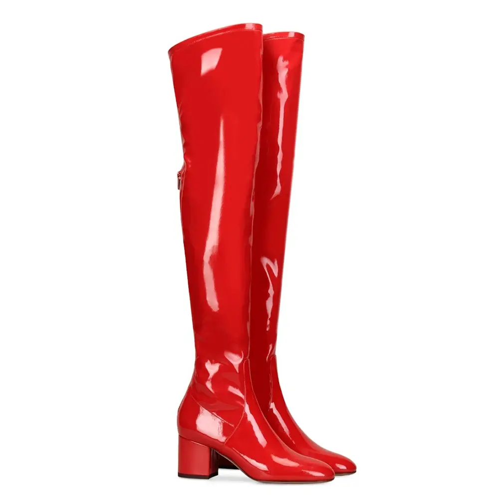 Women Red Patent Leather Block Heel Over The Knee High Boots Comfy Low Heel Round Toe Back Zipper Black Stretch Suede Boots
