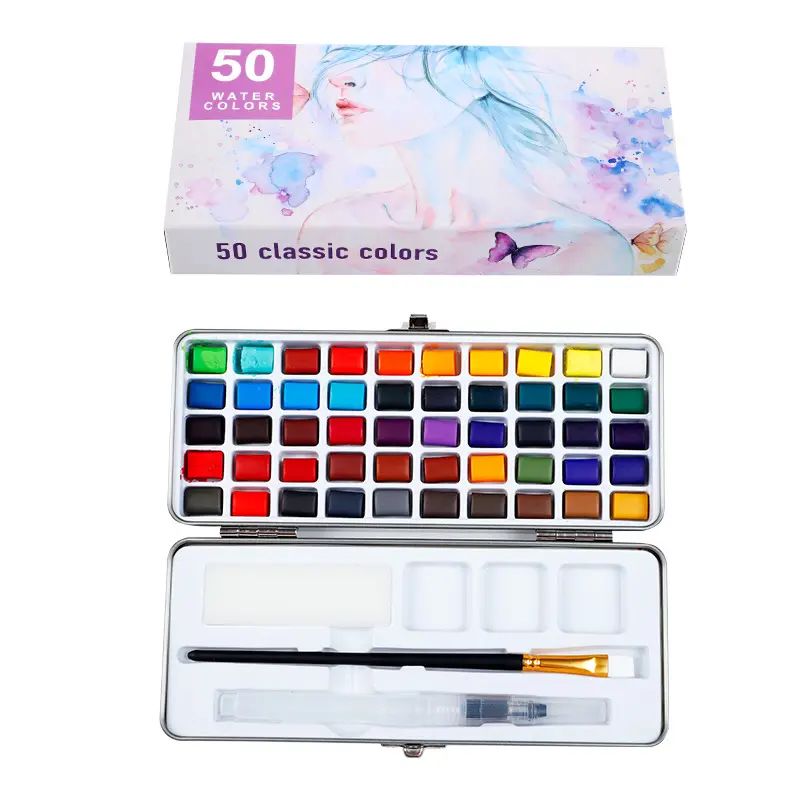 Nuevo conjunto de caja de aluminio de color convencional fluorescente nacarado metálico de pintura de acuarela sólida