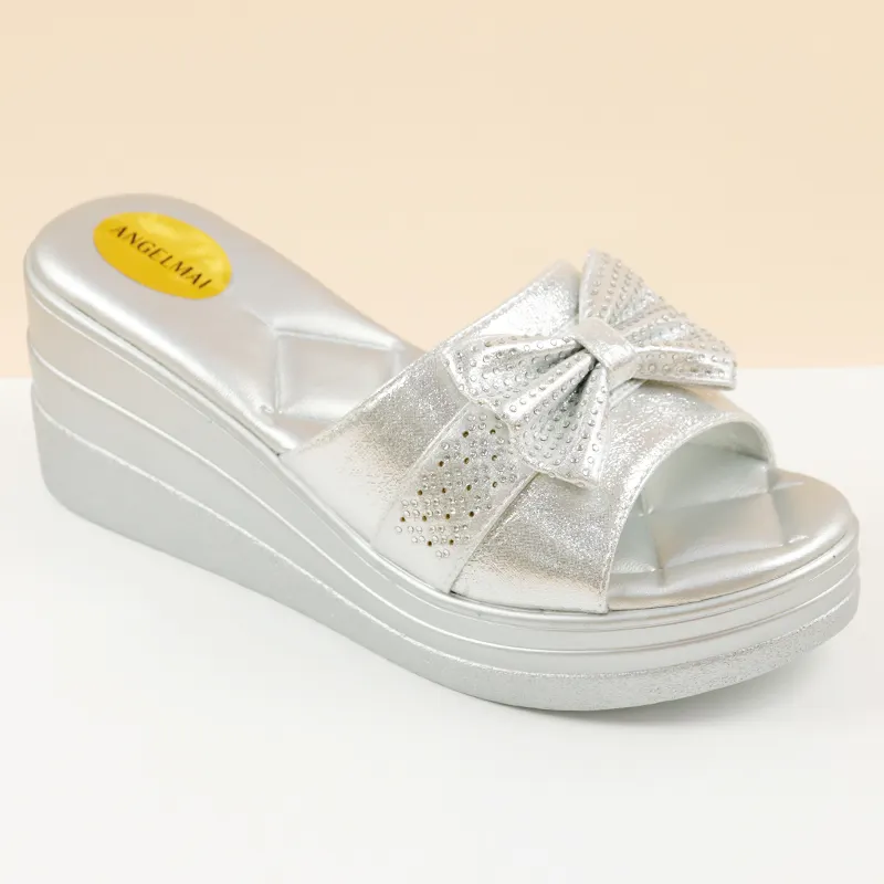 Sandália de salto confortável brilhante, calçado deslizante de strass 7cm para verão praia, sola macia e antiderrapante para mulheres