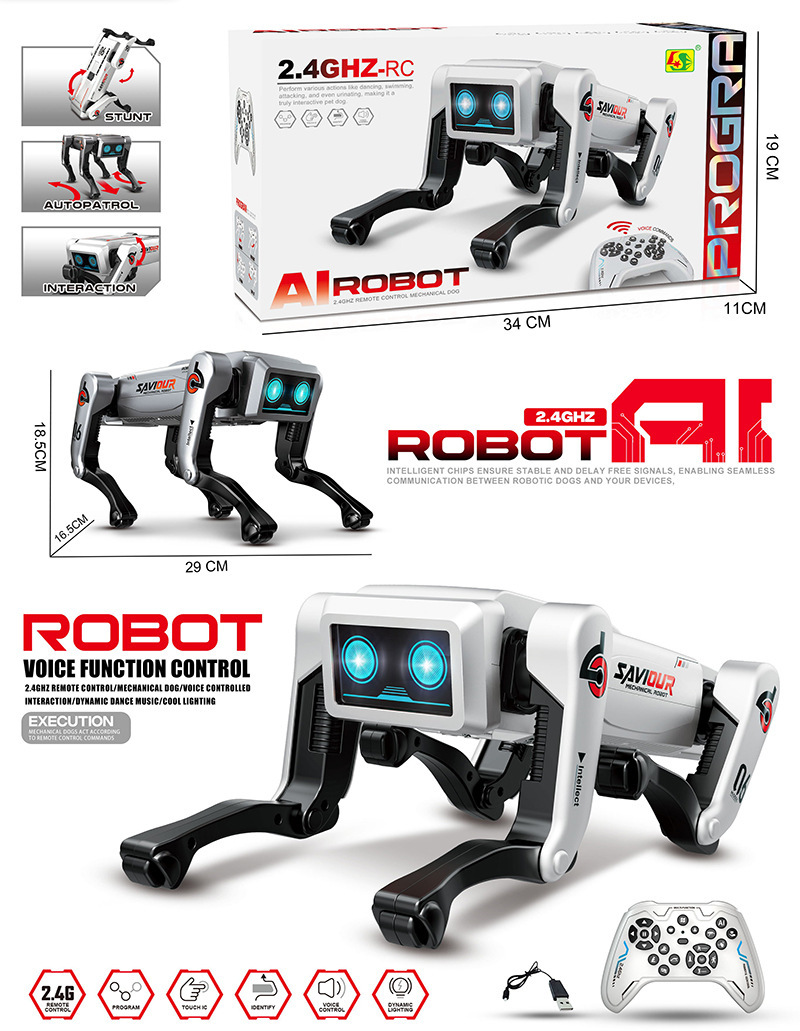 Gran perro robot inteligente con control remoto y IA, color blanco