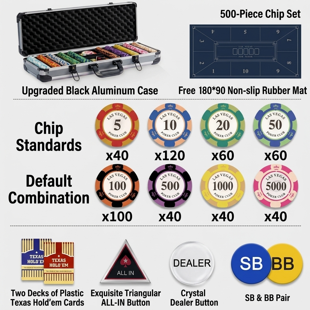 ผ้าปูโต๊ะขนาด 1.8 เมตร + ชิป 500 ชิ้น + กล่องอลูมิเนียมสีดำระดับไฮเอนด์