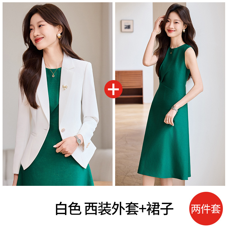White suit and green dress