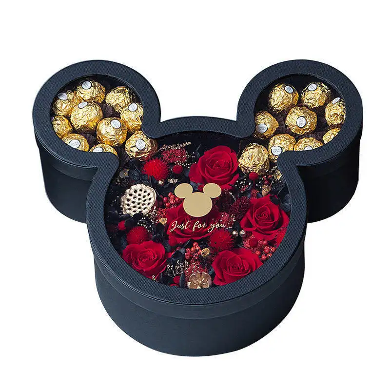 Vente chaude Mickey Mouse forme fleur boîte cadeau boîte de chocolat rose bouquet emballage cadeau avec clair voir à travers la fenêtre en pvc