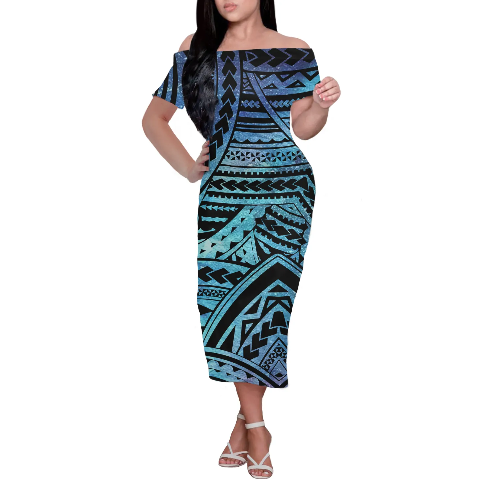 Roupa polinésia feminina, vestido de manga curta tamanho grande estampado, peça única