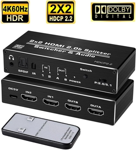 4K 2x2 HDMI Switch <strong>Switcher</strong> <strong>Splitter</strong> <strong>2</strong> in <strong>2</strong> Out 4K@60hz with Optical Toslink SPDIF+3.5mm Jack Audio Extractor HDR HDCP <strong>2</strong>.<strong>2</strong> RGB