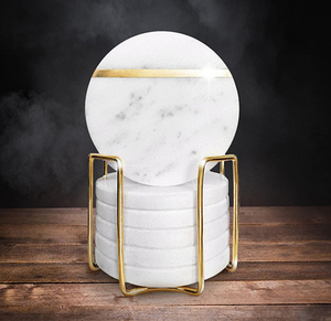 <strong>4</strong>&quot; Wide Modern Round Table Coasters with Gold Brass <strong>Inlay</strong>, Set of 6pcs Coasters Made From Real Solid Marble with Cork Backside - Product Image 2